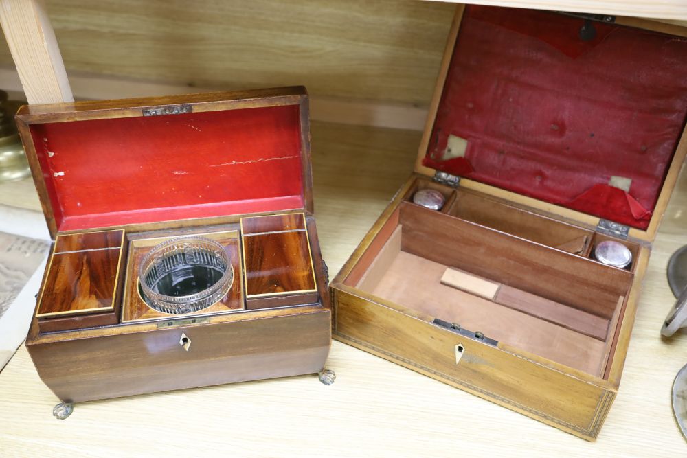 An early 19th century mahogany sarcophagus shape tea caddy with gilt metal mounts, 32cm, and a 19th century writing / work box, width 3